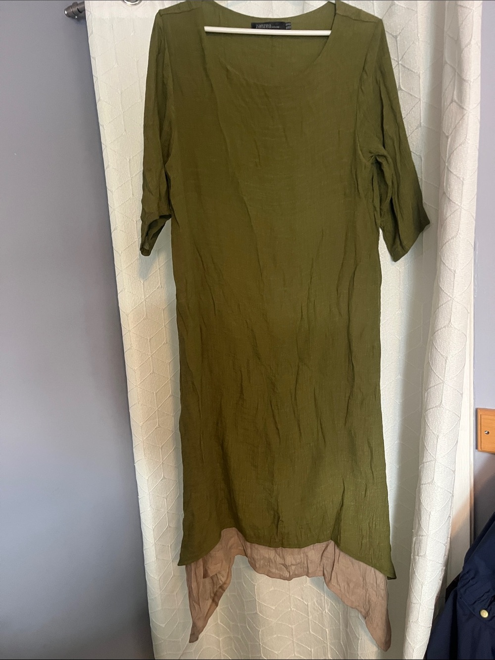 Zanzea Olive Green Asymmetrical Hem Midi Dress with Tan Layer